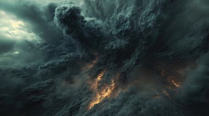Fototapeta premium Thick black smoke swirling violently into the sky from an explosion, with dark, turbulent clouds of smoke forming ominous patterns.