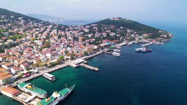 Heybeliada Island in Istanbul, Turkey. Heybeliada is the second largest of the Princes Islands in the Sea of Marmara. Drone shot.