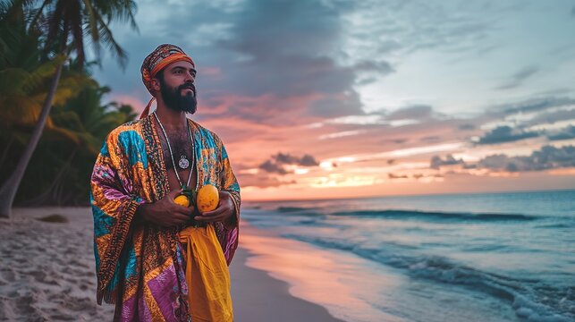 A man in a traditional Brazilian Canga outfit, standing on a lush tropical beach with vibrant sunset.