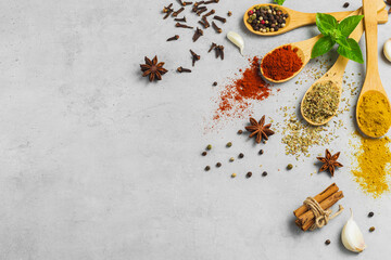 Various Asian spices in spoons on grey background. Top view with free space