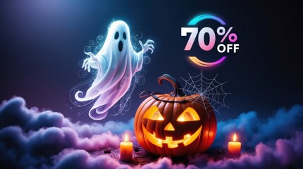 70% off logo Halloween theme Decorated with Halloween character and ghost and pumpkin as digital art