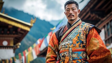 Obraz premium A man in a traditional Bhutanese kera, standing in front of a stunning monastery with colorful prayer flags.