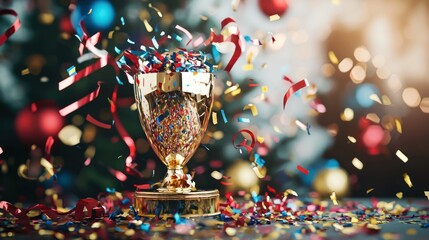 A celebratory scene with a winning prize on display, surrounded by confetti and festive decorations.
