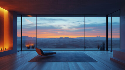 Fototapeta premium Home with a large glass window and a beautiful view of a desert dunes - modern, interior, design, minimalist, sunset, landscape, window, glass, view, space, luxury, living room, serenity, tranquility,