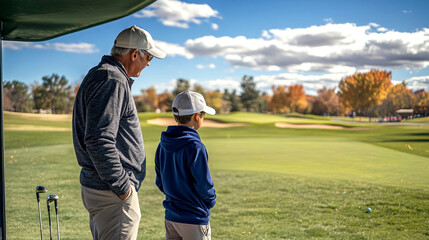 Father and son bonding on a sunny autumn day at the golf course