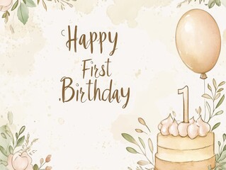 Charming First Birthday Card: Watercolor Background with Timeless Elegance and Custom Space

