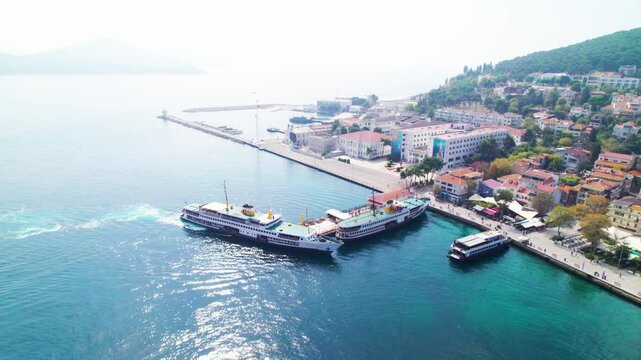 Heybeliada Island in Istanbul, Turkey. Heybeliada is the second largest of the Princes Islands in the Sea of Marmara. Drone shot.