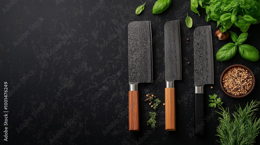 Wall mural japanese damascus steel knife set in an elegant kitchen