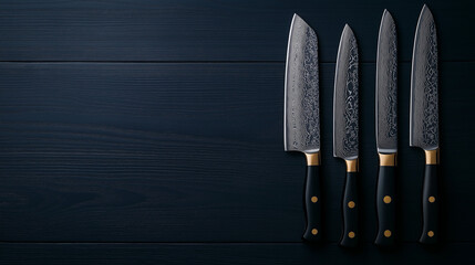 Professional Damascus steel kitchen knife set on a dark wooden surface
