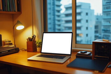 Laptop on the desk in the office room. generative AI
