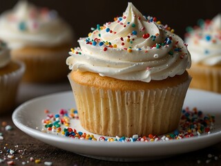 A creamy cupcake topped with whipped frosting and sprinkles.