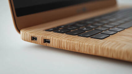 Laptop exterior which is made by light wood paper board - laptop, wood, keyboard, USB ports, computer, technology, device, electronics, modern, gadget, closeup, workspace, macro, design, office