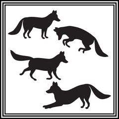 Fox silhouette set on white background, animal silhouette set.