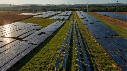 A field of solar panels and wind turbines under a clear sky, symbolizing renewable energy harmony.