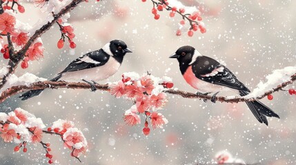 Chinese painting fine brushwork, magpie and plum blossoms, snowy plum blossoms, lush plum blossoms, detailed feathers, festive atmosphere, saturated colors, advanced color matching, )8k