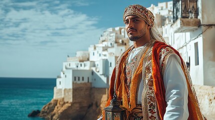 Fototapeta premium A man in a traditional Algerian karakou, standing in front of a historic Mediterranean coastal town with whitewashed buildings.