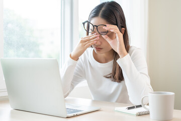 Eye problem concept, fatigue asian young woman tired eyes, irritated rubbing eye dry relief vision...