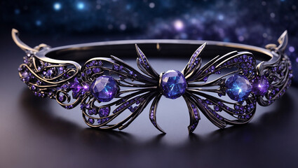 Fototapeta premium A dark, ornate bracelet with a large purple bow-shaped center, studded with gems.