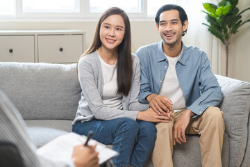 Psychology, Happy asian young woman and man couple love, consulting problem mental health together...