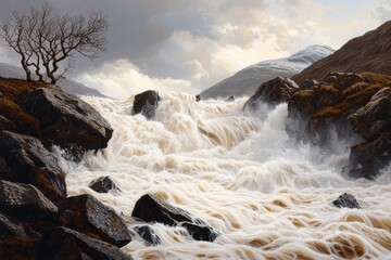 Obraz premium A muddy torrent surging down a mountainside, sweeping up rocks and trees in its wake