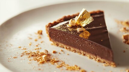Create a minimalist aesthetic photograph of a simple, elegant dessert. The dessert should be a perfectly plated slice of a rich chocolate tart