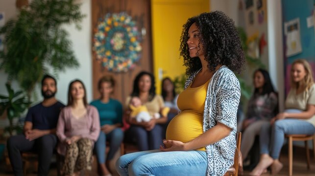 A midwife teaching a birthing class, with a diverse group of expectant parents.