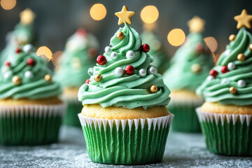 Green Christmas tree shaped cupcakes with sprinkles