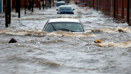 A street turned into a river by flash floodwaters, with cars and debris floating in the fast-moving current