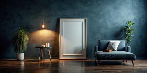 Moody Home Interior with Blank Poster Frame Mockup in Dark Setting for Designers