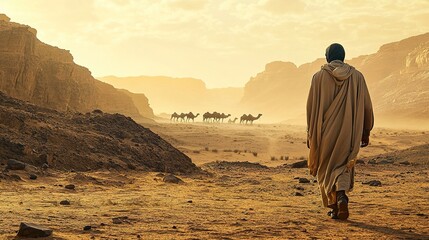 A man in a Sudanese jalabiya, walking through a desert landscape with camels in the distance