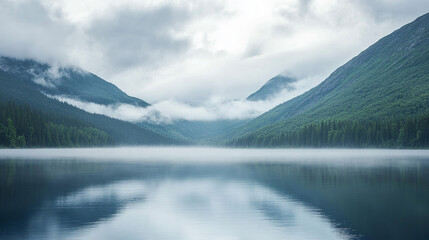 breathtaking landscape with misty lake in mountains background 16:9 widescreen backdrop wallpapers 