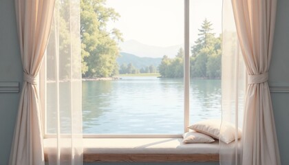 Fototapeta premium Tranquil lake view from window with curtains and cozy seat on cushions by the window, soft focus