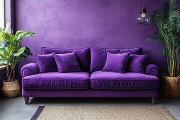 A purple couch sits in front of a purple wall