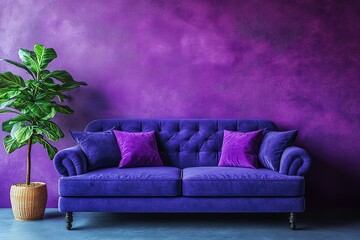 A purple couch sits in front of a purple wall