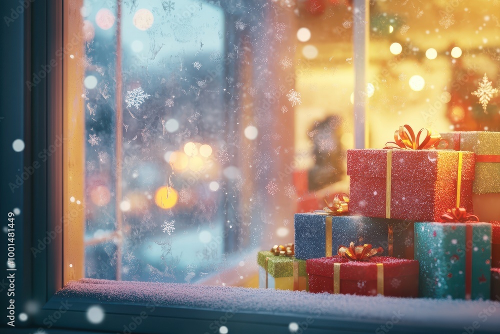 Poster a box with a bow sits on a window sill