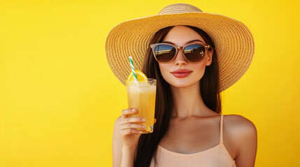 Portrait of a happy smiling fat woman in hat and sunglasses with suitcase holding juice cocktail and pointing her finger to the side on yellow background. Summer holiday trip and vacation concept.