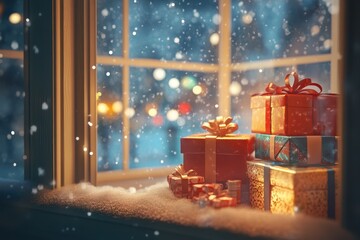 A box with a bow sits on a window sill