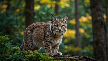 A majestic bobcat silently stalks in a vibrant forest.