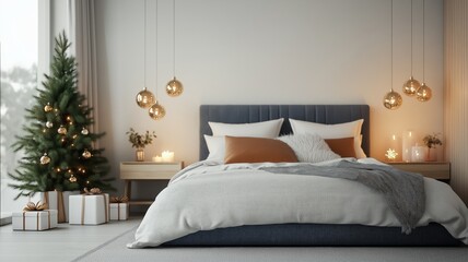Modern Bedroom Decorated for Christmas with Tree and Gift Boxes