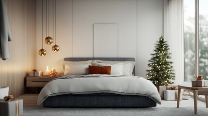 Modern Bedroom Decorated for Christmas with Tree and Gift Boxes