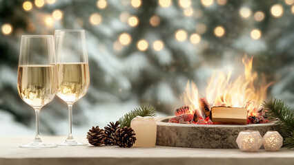 Cozy Winter Evening, glass of white wine set against a backdrop of a crackling fireplace and a snowy winter scene