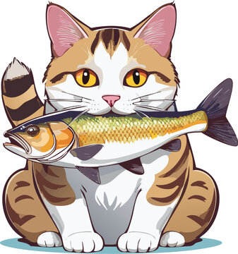 Striped cat holding a fish in its mouth