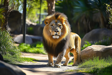 A lion is walking on a path in a zoo