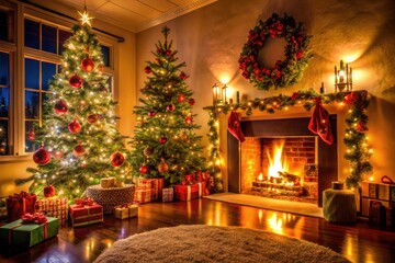 Cozy Christmas Eve Scene with Glowing Fireplace, Decorated Tree, and Festive Holiday Decorations