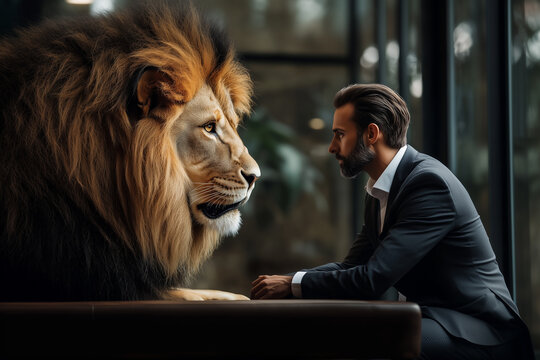 A man is sitting next to a lion in a zoo