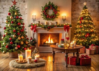 Cozy Christmas Tabletop Decor with Fireplace, Christmas Trees, and Festive Holiday Accents
