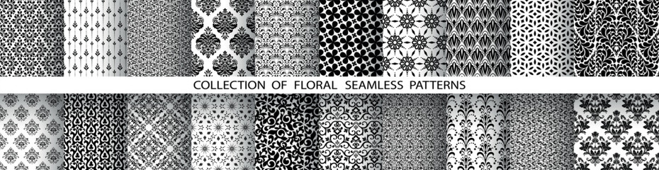 Geometric floral set of seamless patterns. White and black vector backgrounds. Damask graphic ornaments.