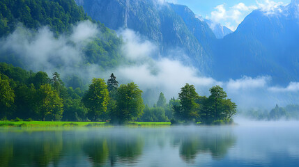 breathtaking landscape with misty lake in mountains background 