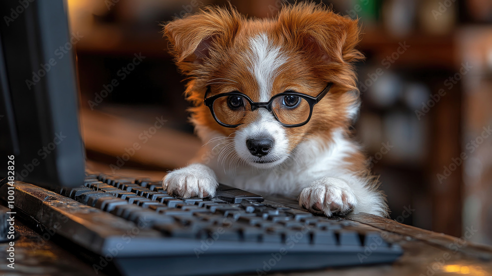 Poster a small puppy with glasses examines a computer keyboard, displaying curiosity and intelligence in a 