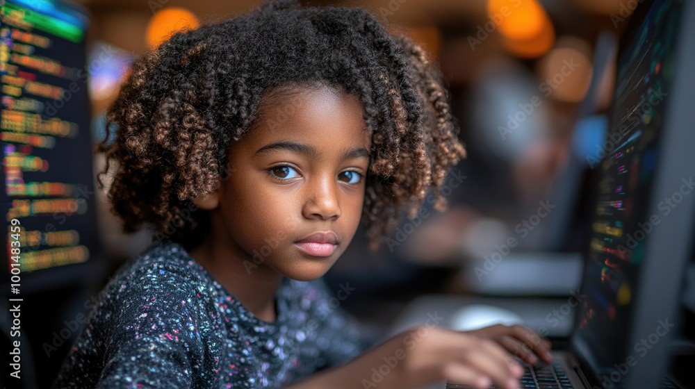 Aufkleber a child with engaging blue eyes and curly hair studies programming intently at a computer in a livel